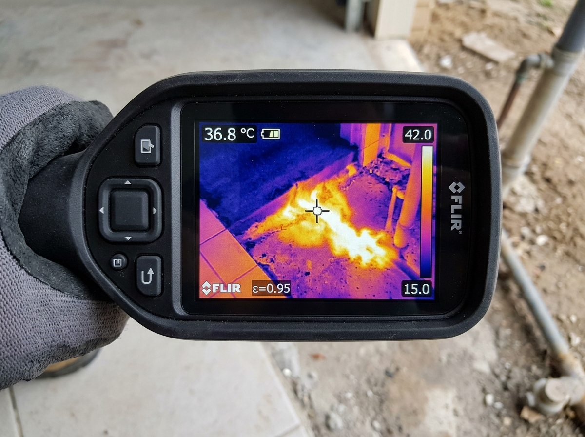 Thermal imaging inspection revealing hot water slab leak under tile flooring in Vacaville CA