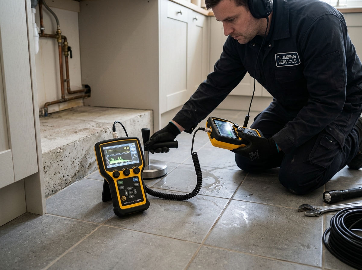 Acoustic slab leak detection equipment being used on a concrete foundation floor in Vacaville CA