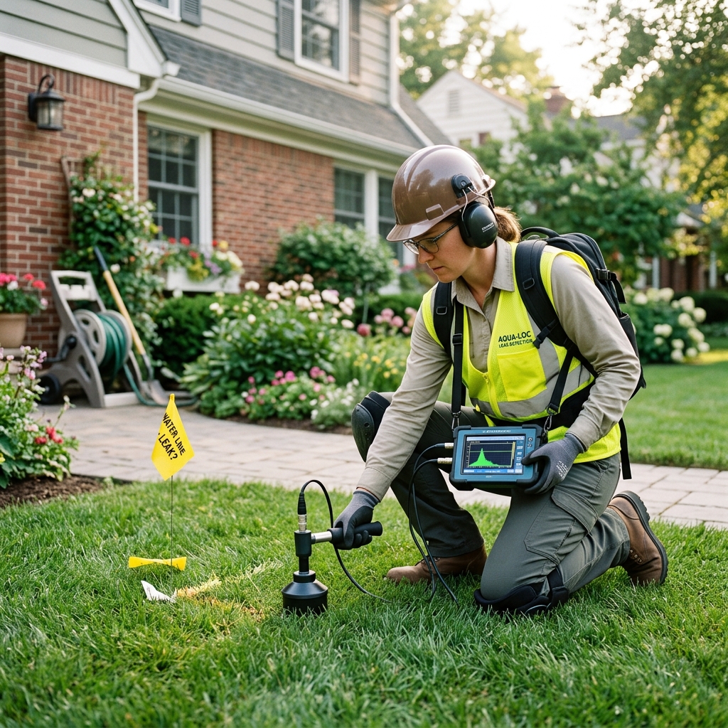Plumbing technician utilizing digital acoustic leak detector in Vacaville CA